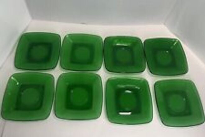 Vintage Fire King Glass Saucer Plates Charm Square Set of 8 Forest Green 5.5”