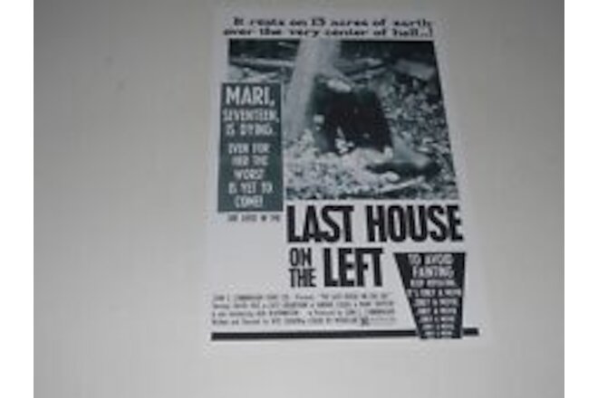 Last House on the Left Craven/Cunningham '72 Poster Promo 19"x13" Extreme Horror