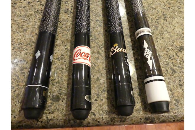 Pool Cue collection, Budweiser, Coca Cola, Crest, 4 Pc.Spalding, preowned