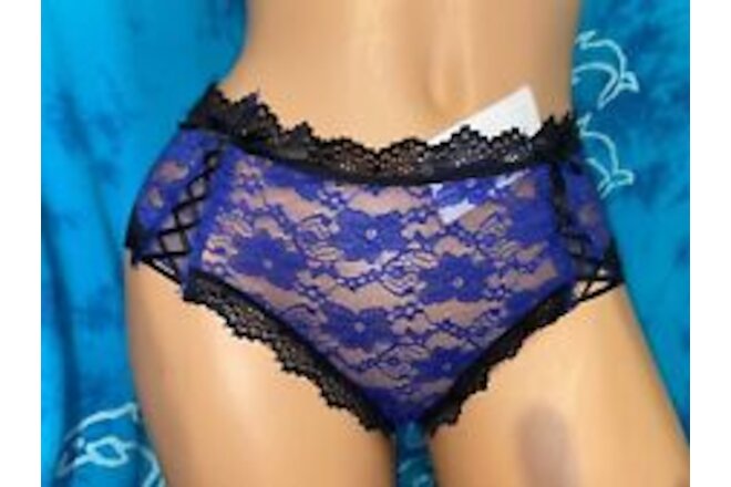 NWT  Jezebel by Felina Sexy Blue Black Sheer Lace Tanga Cheeky Thong Panties M
