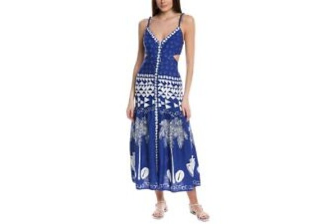 Farm Rio Mixed Ondina Blue Linen-Blend Midi Dress Women's Blue Xl