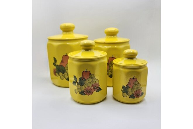 4 pc Vtg Kromex Painted Yellow Metal Canister Set Fruit Daisy Plastic Lids