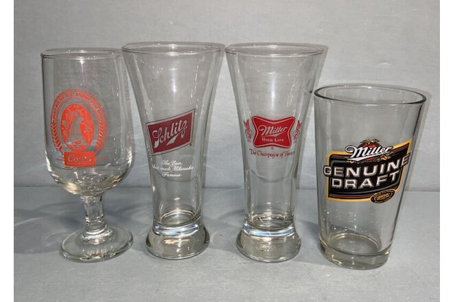 Lot of 4 Vintage Beer Glasses Miller Genuine Draft, Miller, Coors & Schlitz