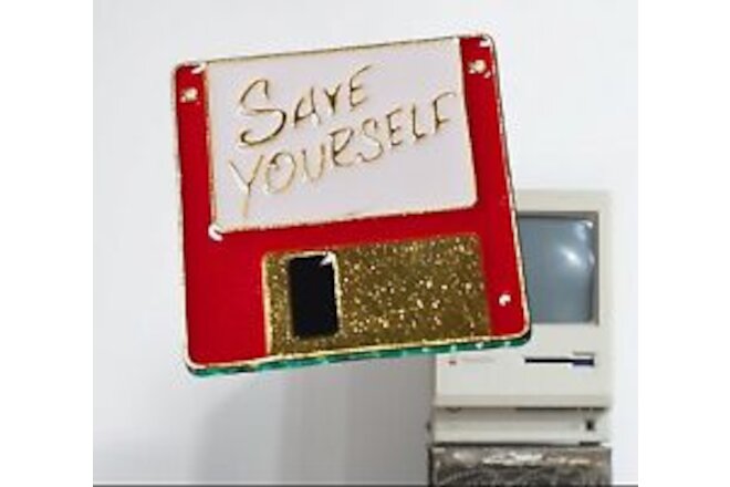 Retro Floppy Disc Save Yourself Enamel & Metal Pin Vintage Memorabilia Red White