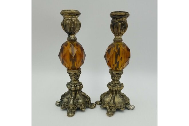 Vintage Pair of Baroque Candle Stick Holders Amber Lucite Hollywood Regency
