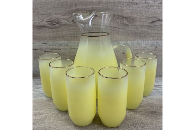 Vintage Blendo Glass Set 7 Pc Drink Cocktail MCM Yellow Clear Pitcher Handle