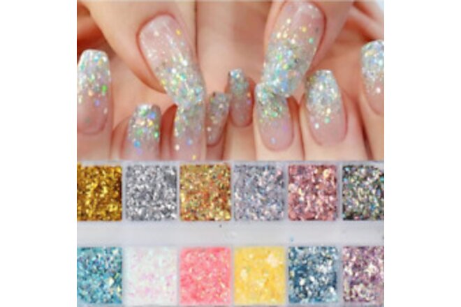 Holographic Nail Sequins，12 Grids Foil Mermaid Bright and Colorful Gradient Ultr