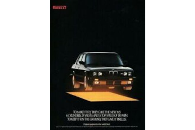 BMW M5 Pirelli Vintage Ad Poster Reprint Yellow, Measures 12"x16"