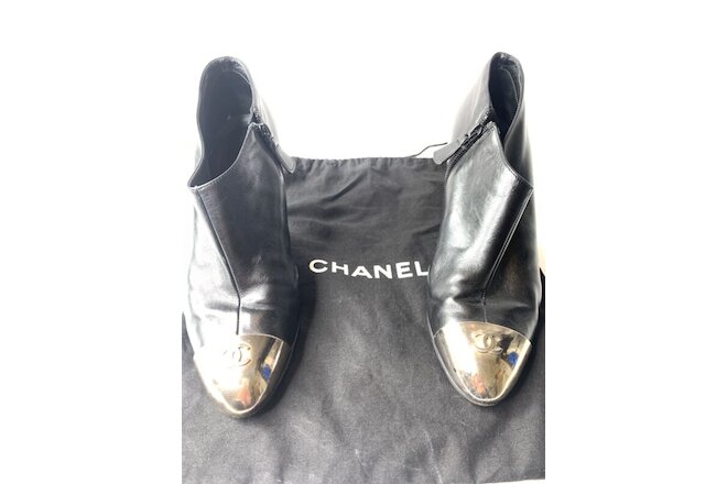 CHANEL  Black Leather Bootie 3" Heel | CC Metal Silver Tone Plate at Toe | 38