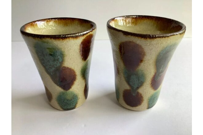 2 Mid Century Modern Pottery Cups Vases Organizer Earthenware Drip Glaze Texture