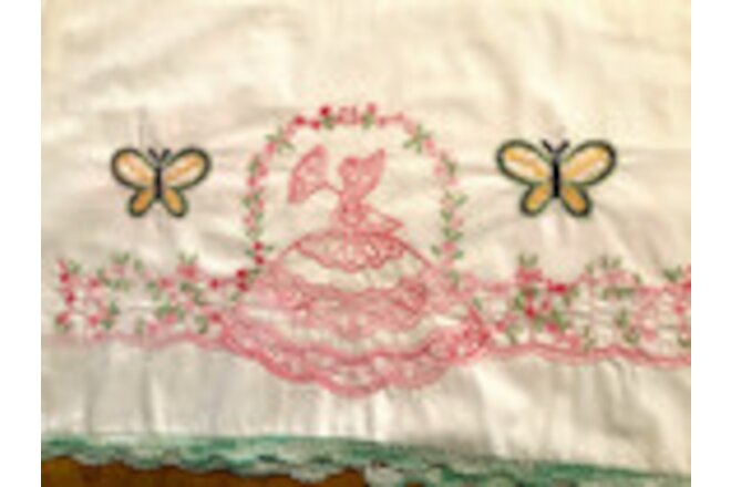 SET OF 2 - Vintage Hand Embroidery Crochet Edge Pillowcases Sweet Southern Belle