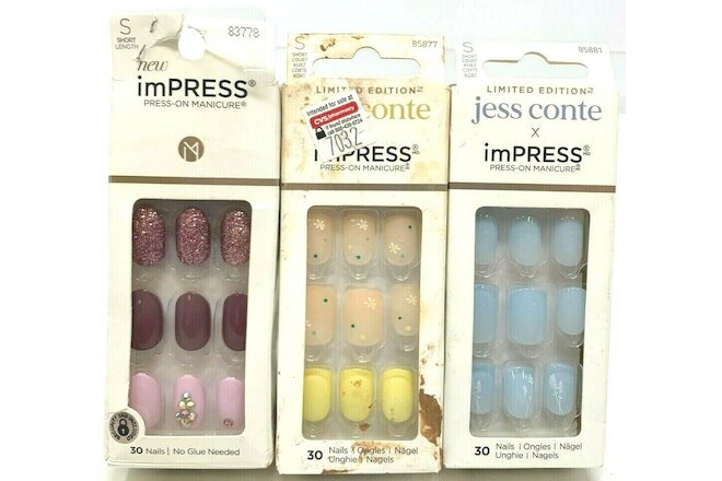 (3) Kiss Impress Jess Conte Press-On Manicure Nails Sealed No Repeat Sets