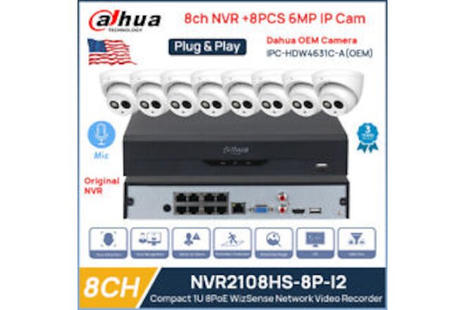 Dahua 8CH 8PoE NVR NVR2108HS-8P-I2 Kit 6MP OEM IP CCTV Camera System Mic PoE Lot
