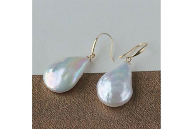 13-16MM White Baroque Pearl Earrings 18K Hook AAA Dangler Aurora Real Jewelry