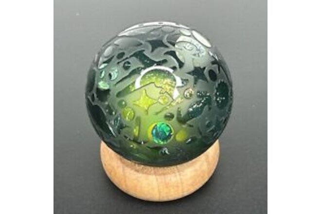 Contemporary Art Glass Marble 1.55” Sandcarved Space, Opal/Dichro/UV - FLEABITE!