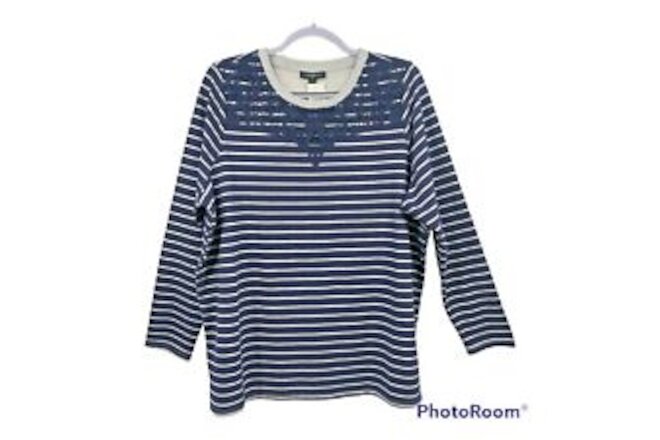 Lane Bryant Womens Size 14/16 Top Gray Navy Blue Stripe Long Sleeve Crochet