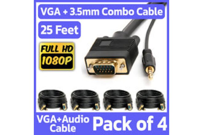 4 Pack VGA + 3.5mm Monitor Cable 25 Feet SVGA Video with AUX Stereo Audio Cord
