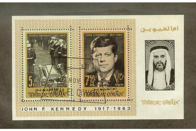 Umm al Qiwain -1964- John Kennedy Memorial - TWO Souvenir CTO/MNH Sheets for $1