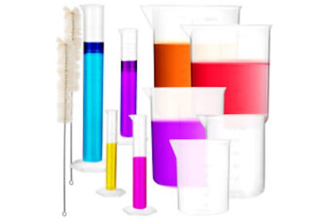 13pc Plastic Graduated Cylinders & Beakers Set w/ Brushes - Lab Measuring Tools