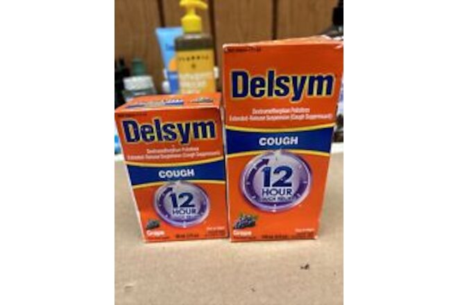 2 PACK Delsym COUGH GRAPE 1 3oz And 1 5 Oz Bottle 12 hour Cough Relief Exp 4/26+