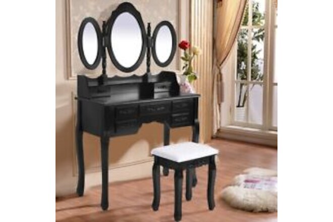 Vanity Desk with Floding Mirror Table Set with 7 Drawers Makeup Dressing Table