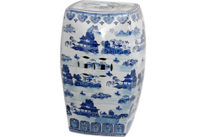 Oriental Furniture 18" Square Landscape Blue & White Porcelain Garden Stool