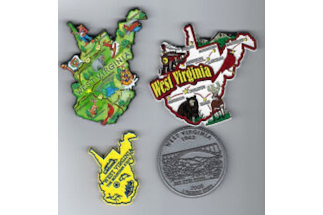 WEST VIRGINIA MAGNET ASSORTMENT 4 NEW  SOUVENIRS WITH JUMBO ARTWOOD MAP MAGNET