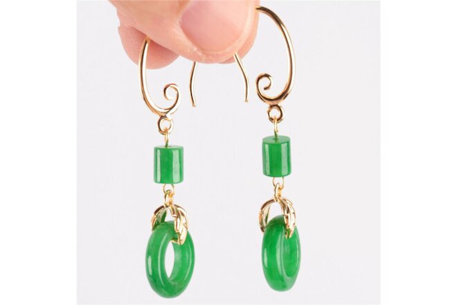 Natural Green jade Ring Earring 18KGP Dangle Ms gift Accessories Women Classic