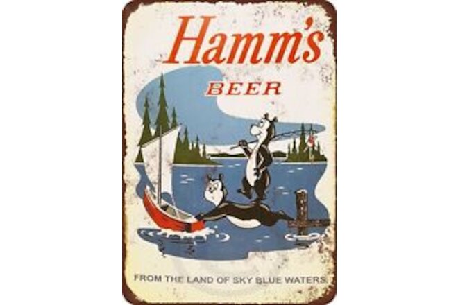1956 Hamms Beer Bears Fishing Reproduction Metal Sign 8 x 12