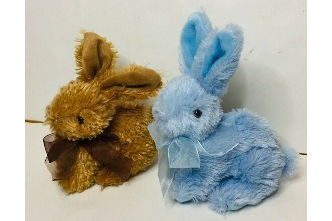 Baby Bunny Rabbits 2x Plush Soft Blue And Brown With Bows 16cm