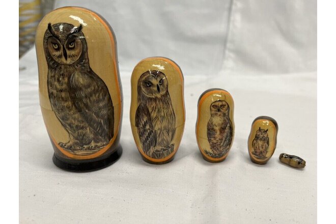 5 Wooden Nesting Lacquered Picture of Owls 4" Largest One