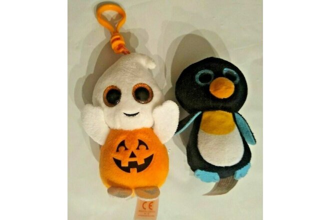 Ty Tiny Beanie Boos Ghost Pumpkin Key Clip & Waddle Tiny Penguin Glitter Eyes