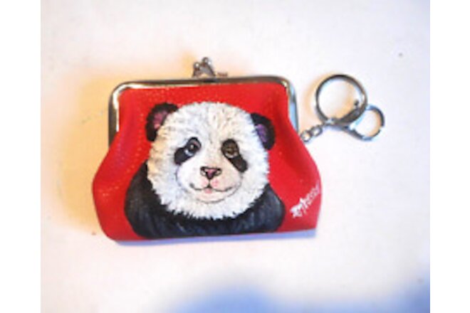 Panda Bear Portrait Coin Change Purse with Key Chain Hand Painted