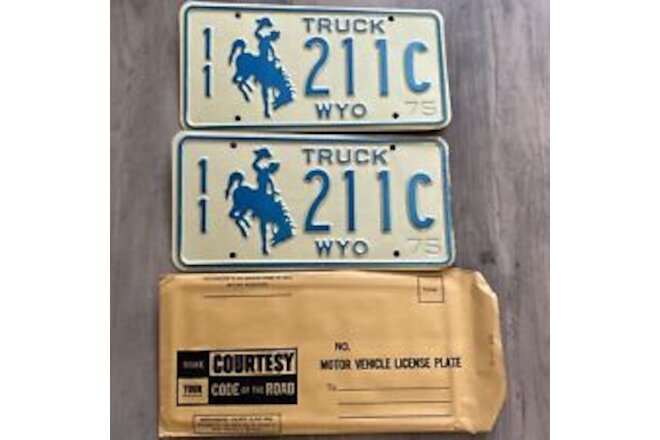 1975 NOS Wyoming TRUCK Cowboy & Horse License Plate Plates PAIR / SET #211C