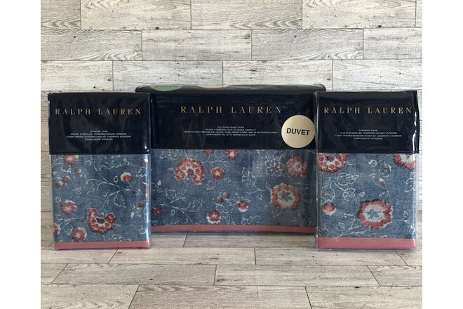 New Ralph Lauren Indigo Traveler Floral Full/Queen Duvet Cover & Standard Shams