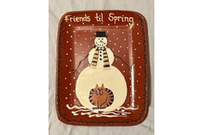 Vintage 2000s Earthly Goods Friends Til Spring Snowman Decorative Redware Dish