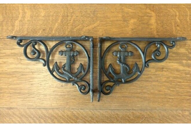2 BROWN ANCHOR THEMED SHELF BRACKETS 9" ANTIQUE STYLE CAST IRON nautical boat