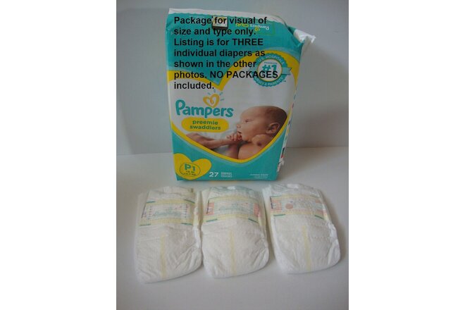 Pampers Swaddlers Preemie 6 pounds lot of 3 individual diapers reborn doll