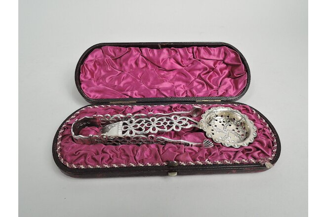 Victorian Tea Strainer Sugar Tongs Antique Leather Case English Sterling Silver