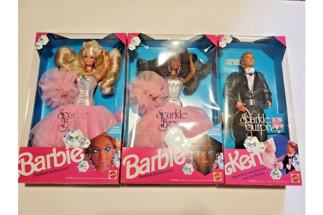 1991 Sparkle Eyes Black/AA & Caucasian Barbie & Sparkle Surprise Ken; lot of 3