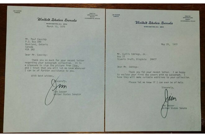 Lot of 2 - US Senator Jim Sasser Signed Autographs - Tennessee - 1977-78