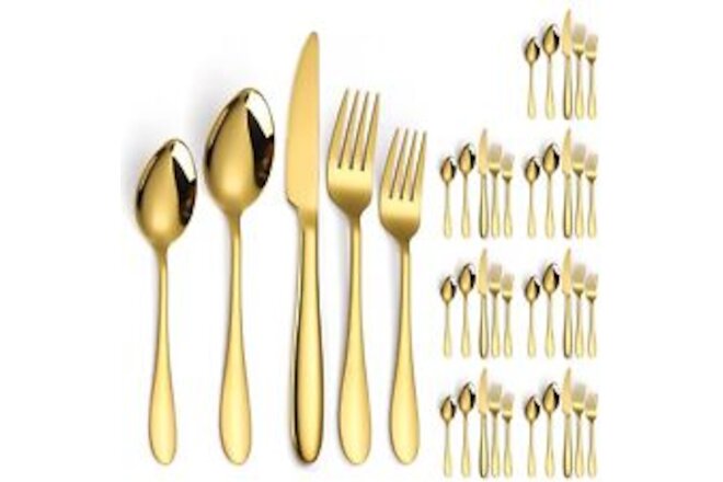 Gold Silverware Set for 8 Stainless Steel Flatware 40 Piece Fork Spoon Knife ...
