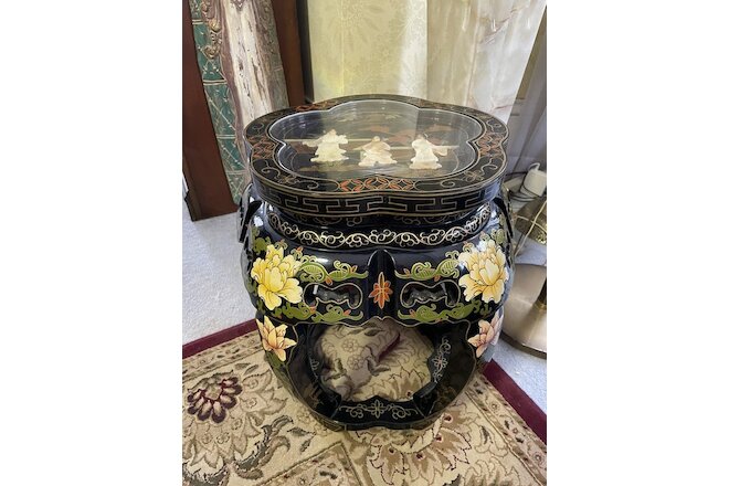Vintage Chinese Garden Stool Scalloped Side Table or Plant Stand Black Lacquer