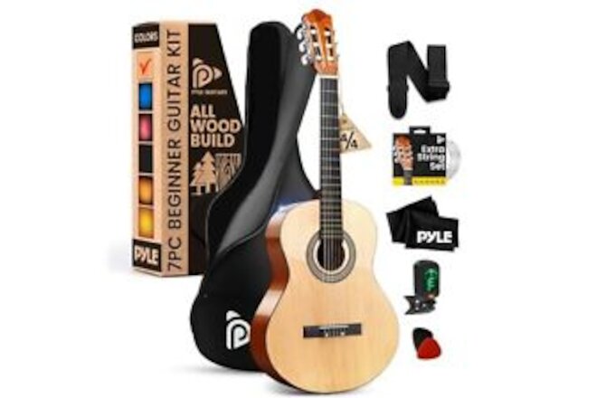 Pyle 39" Beginner Acoustic Guitar Kit, 4/4 Full Size Instrument (Natural Gloss)