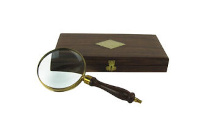 Antique Brass&Wood Turned Hand Lens Magnifying Glass w/ Desktop Box 5x Magnifier