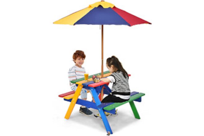 Kids Picnic Table, Outdoor Toddler Wooden Table and Chair Set with Removable Umb