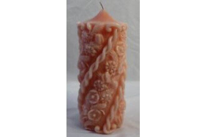 Vintage Large Candle Pillar Hand Carved Floral Spiral Pink Unscented Wedding