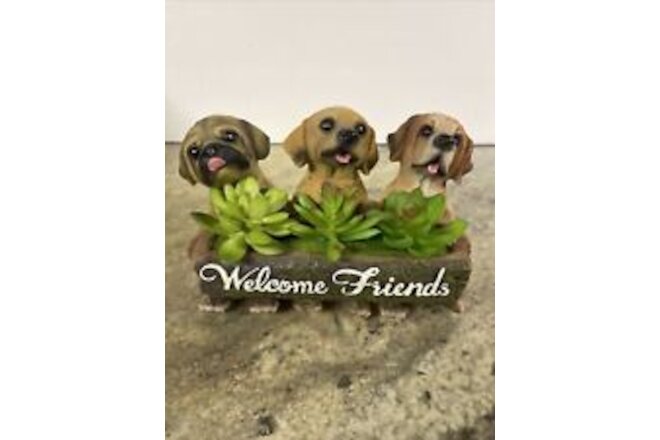 Pug St Bernard Lab Succulent Flower Dog Puppies Welcome Friends Garden Statue