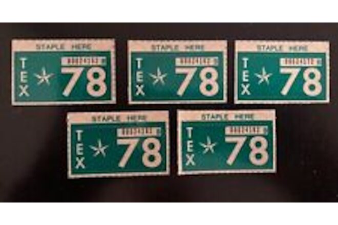 5 Unissued 1978 TEXAS License Plate Stickers Hot Rod Man Cave Lowrider Car Auto