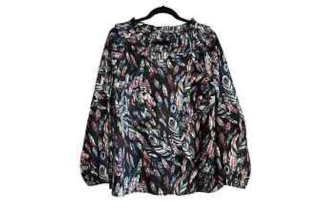Talbots Falling Feathers Novelty Print Smocked Cotton Popover Blouse NWT Size L